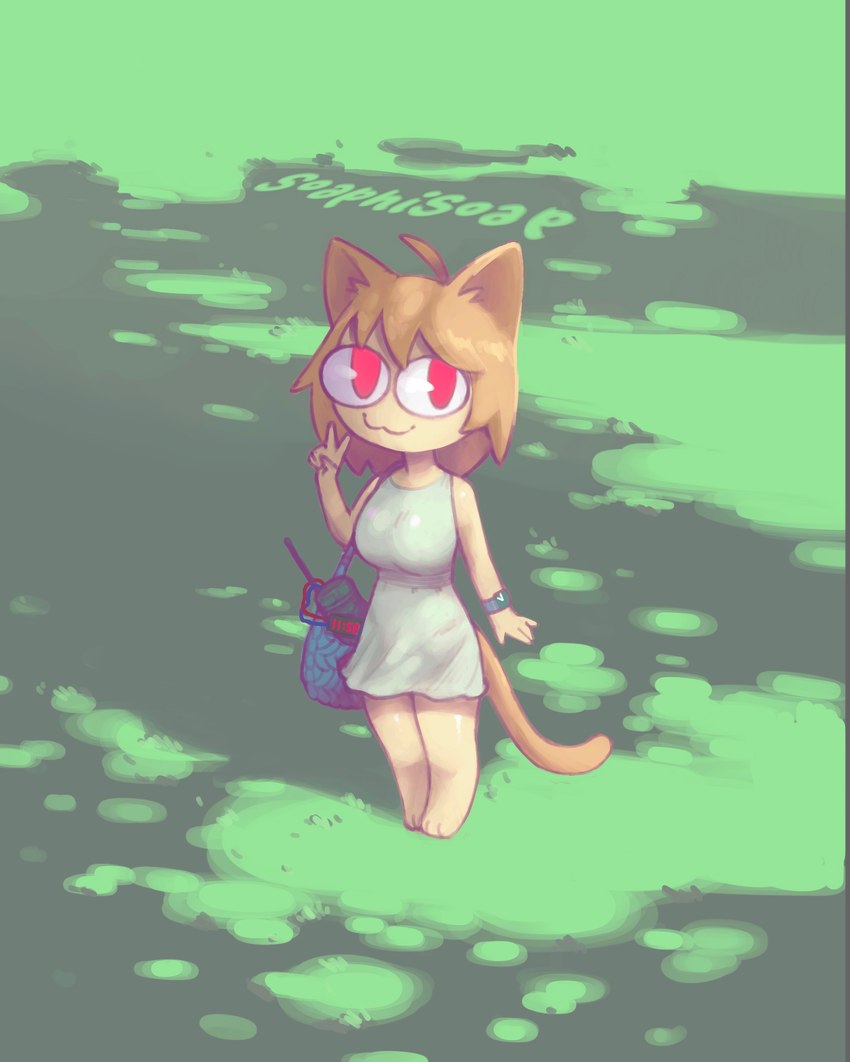 :3 ahoge barefoot big_breasts blonde_hair bomb breasts clock clothed clothing dress explosives feet female gesture grass hair hand_gesture hindpaw outside paws plant red_eyes shoulder_bag solo sundress tail thick_thighs v_sign watch wristwatch soaphisoap tsukihime type-moon neco-arc domestic_cat felid feline felis mammal absurd_res hi_res