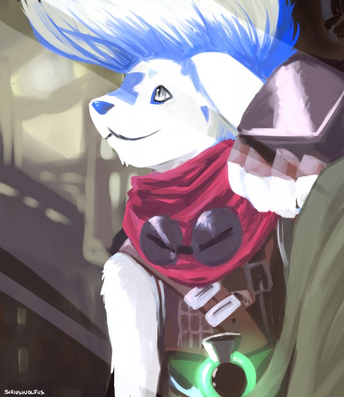 anthro blue_hair blue_nose clothing eyewear eyewear_around_neck fingers fur gloves goggles hair handwear happy kerchief male metal smile solo white_body white_eyes white_fur bastriw league_of_legends riot_games tencent ekko_(lol) lagomorph leporid mammal rabbit 2015 digital_media_(artwork) hi_res signature