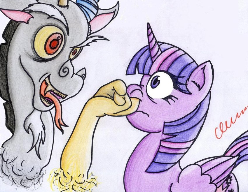 cutie_mark duo feathered_wings feathers female feral fur hair horn male multicolored_hair purple_body purple_eyes purple_fur purple_hair red_eyes sharp_teeth teeth tongue tongue_out two_tone_hair wings the1king friendship_is_magic hasbro my_little_pony mythology discord_(mlp) twilight_sparkle_(mlp) chimera draconequus equid equine mammal mythological_creature mythological_equine winged_unicorn colored_pencil_(artwork) traditional_media_(artwork)