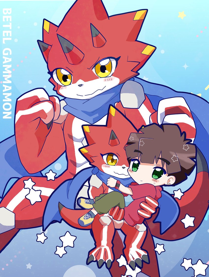 anthro blush bridal_carry brown_hair carrying_another clothing duo hair hoodie kemono male male/male red_body scarf topwear juglans_b612 bandai_namco digimon digimon_ghost_game hiro_amanokawa betelgammamon digimon_(species) human mammal scalie absurd_res hi_res