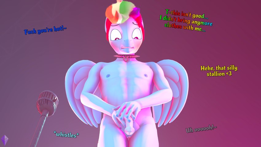 animal_genitalia animal_penis anthro anthrofied blue_body collar covering covering_crotch covering_penis dialogue electronics equine_genitalia equine_penis genitals hair male microphone multicolored_hair penis public public_nudity purple_eyes rainbow_hair spiked_collar spikes text wings unie friendship_is_magic hasbro my_little_pony mythology rainbow_dash_(mlp) equid equine mammal mythological_creature mythological_equine pegasus 16:9 3d_(artwork) 4k absurd_res digital_media_(artwork) english_text hi_res widescreen