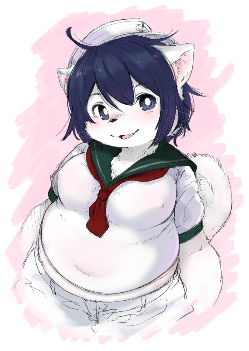 anthro anthrofied breasts clothed clothing female fur hair hat headgear headwear kemono medium_breasts nipple_outline open_mouth purple_eyes purple_hair sailor_cap sailor_uniform slightly_chubby solo white_body white_fur koishi_chikasa cookie_(touhou) touhou minamitsu_murasa domestic_cat felid feline felis mammal hi_res