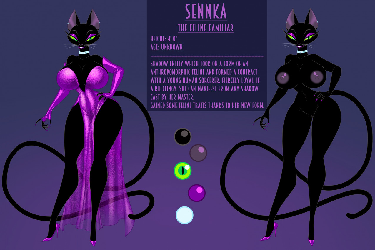 anthro big_breasts black_body breasts clothed clothing color_swatch description dress ear_piercing eyeshadow female fingerless_gloves footwear gem gloves gradient_background green_eyes hand_on_hip handwear high_heels jewelry lipstick long_legs long_tail looking_at_viewer makeup necklace nude pearl_(gem) pearl_necklace piercing purple_eyeshadow purple_lipstick shoes simple_background small_waist smile solo sparkles sparkling_clothing tail text thick_thighs whiskers wide_hips crovirus sennka_(crovirus) domestic_cat felid feline felis mammal shadow_creature english_text hi_res model_sheet