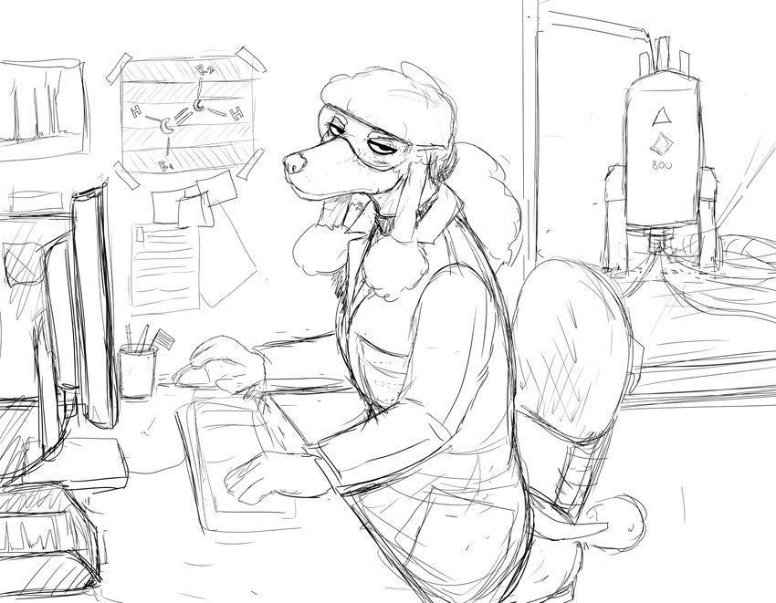 anthro clothing coat computer electronics eyewear female goggles lab_coat looking_at_viewer solo topwear hladilnik mrs._poodle_(hladilnik) canid canine canis domestic_dog mammal poodle 2020 hi_res monochrome