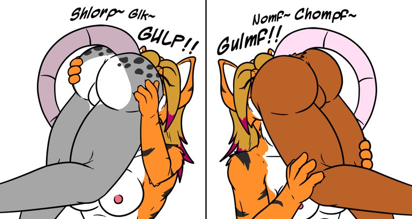 4_fingers anthro anthro_pred balls breasts brown_balls brown_body brown_fur fatal_vore female female_pred fingers fur genitals grey_body grey_fur group hair imminent_death inner_ear_fluff male male_prey multicolored_body multicolored_fur nipples oral_vore orange_body orange_fur pink_nipples pink_nose simple_background stripes tail tan_hair text trio tuft vore white_background white_balls white_inner_ear_fluff lapseph fomo terith_(lapseph) felid mammal murid murine pantherine rat rodent tiger digital_media_(artwork)