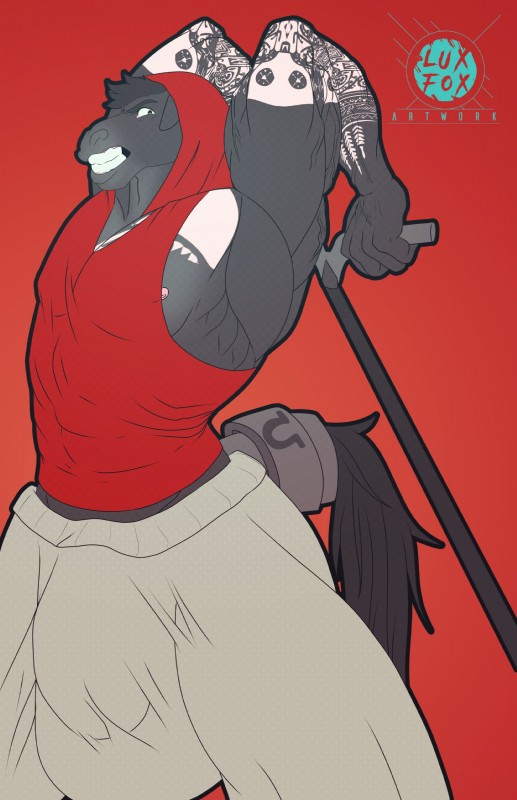 anthro big_bulge bulge clothed clothing looking_at_viewer male muscular muscular_anthro muscular_male red_background shirt simple_background solo standing tank_top topwear lux_fox reymon_comander equid equine horse mammal absurd_res hi_res