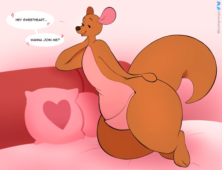 anthro bed biped black_nose brown_body brown_tail dialogue eyebrows eyelashes female furniture heart_symbol looking_at_viewer multicolored_body on_bed open_mouth open_smile pillow pink_body pouch_(anatomy) simple_background smile solo speech_bubble tail text thick_thighs wide_hips bustingmangos disney winnie_the_pooh_(franchise) kanga kangaroo macropod mammal marsupial absurd_res english_text hi_res