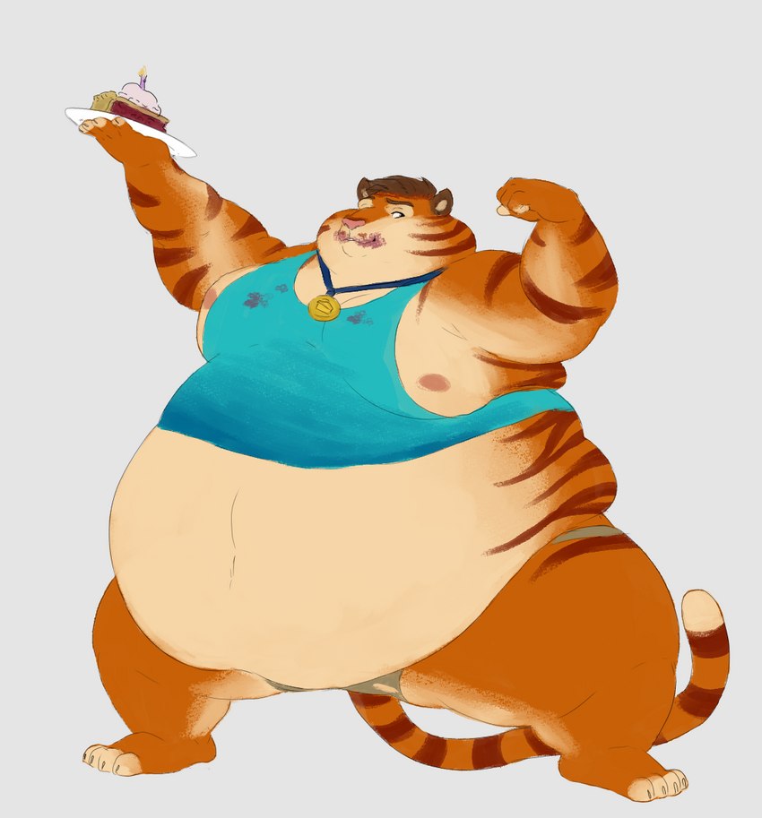 anthro award belly belly_overhang big_belly big_cheeks brown_hair chubby_cheeks claws clothed clothing dessert double_chin flexing food fur hair holding_food holding_object holding_pie love_handles male medal moobs nipples obese obese_anthro obese_male orange_body orange_fur overweight overweight_anthro overweight_male pastry pie smile solo standing striped_body striped_fur stripes thick_thighs toe_claws torn_clothing wide_hips aceaximeck felid mammal pantherine tiger