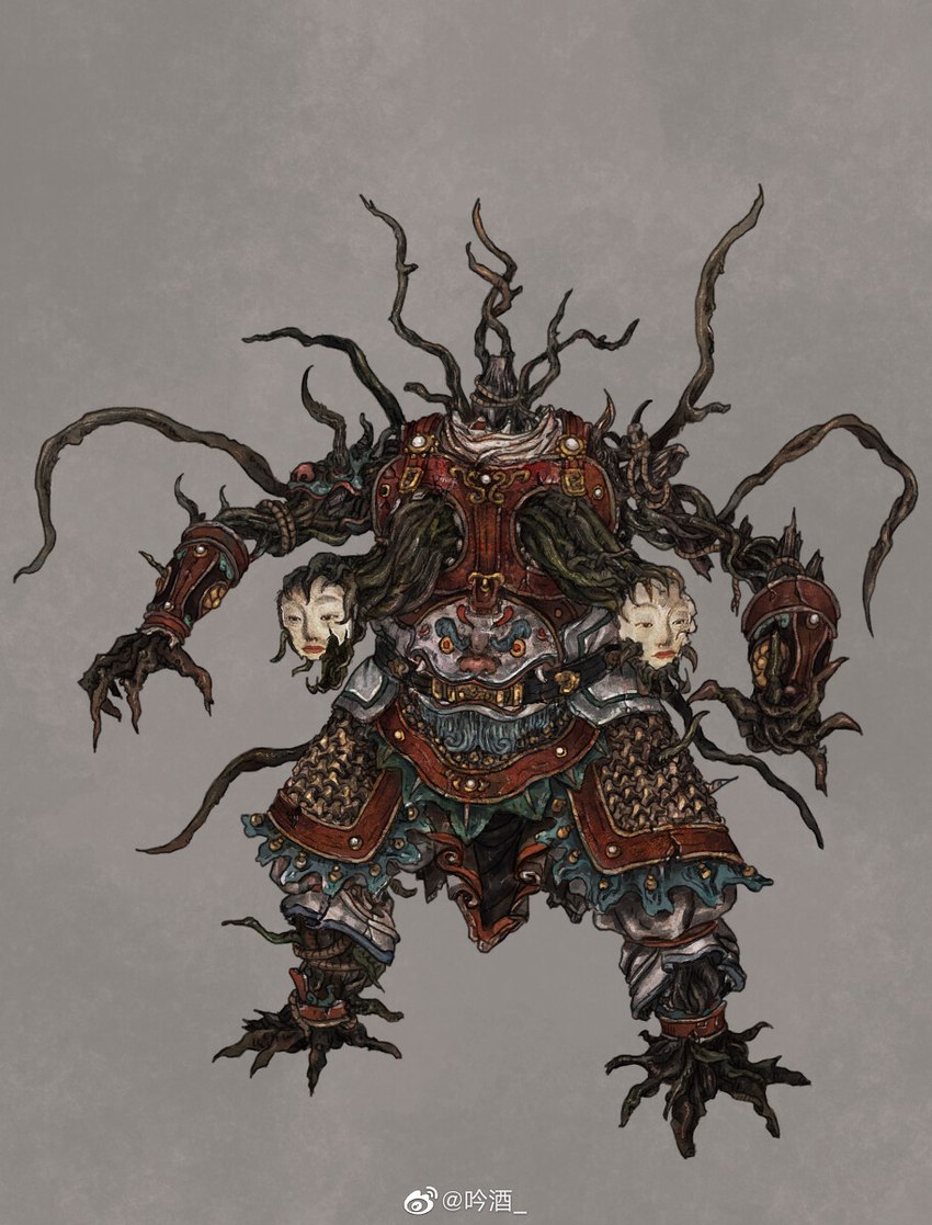 2_heads ambiguous_gender armor asian_clothing barefoot chinese_clothing clothed clothing east_asian_clothing fantasy feet female fully_clothed lamellar_armor multi_head not_furry plant solo text warrior what_has_magic_done where_is_your_god_now muyang_fort deity eldritch_abomination elemental_creature flora_fauna monster 2021 chinese_text hi_res