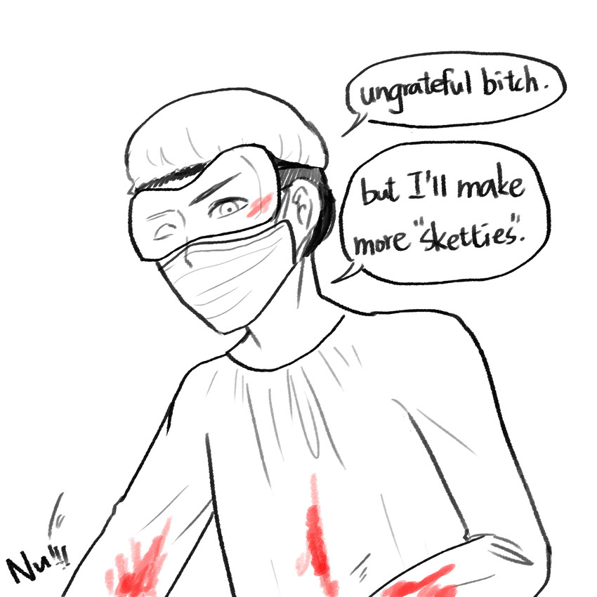 ambiguous_gender ambiguous_human blood bodily_fluids clothing dialogue eyewear goggles hair hat headgear headwear human_only mask medical_instrument not_furry offscreen_character profanity scientific_instrument surgical_gown surgical_mask text yellowcottoncandy030 fluffy_pony human mammal 1:1 2025 english_text hi_res spot_color