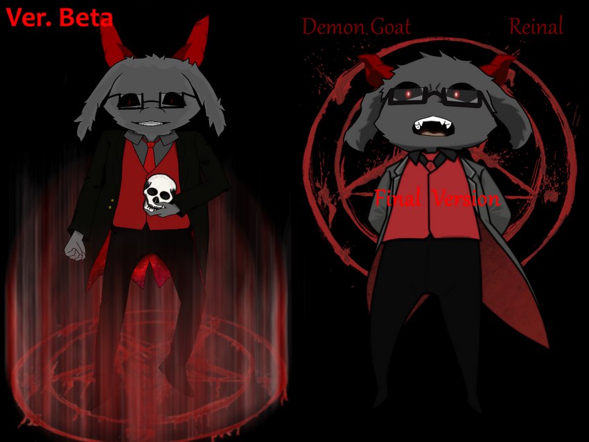 black_clothing black_eyes black_jacket black_topwear bone bow_tie clothing creepy_smile duo eyewear fur glasses goat_ears grey_body grey_fur horn jacket male male/male occult_symbol pentagram pupils red_clothing red_pupils red_shirt red_topwear sharp_teeth shirt skull skull_head smile suit symbol teeth topwear stypek_(artist) fan_character reinal bovid caprine caprine_demon demon goat goat_demon mammal 4:3 alpha_channel