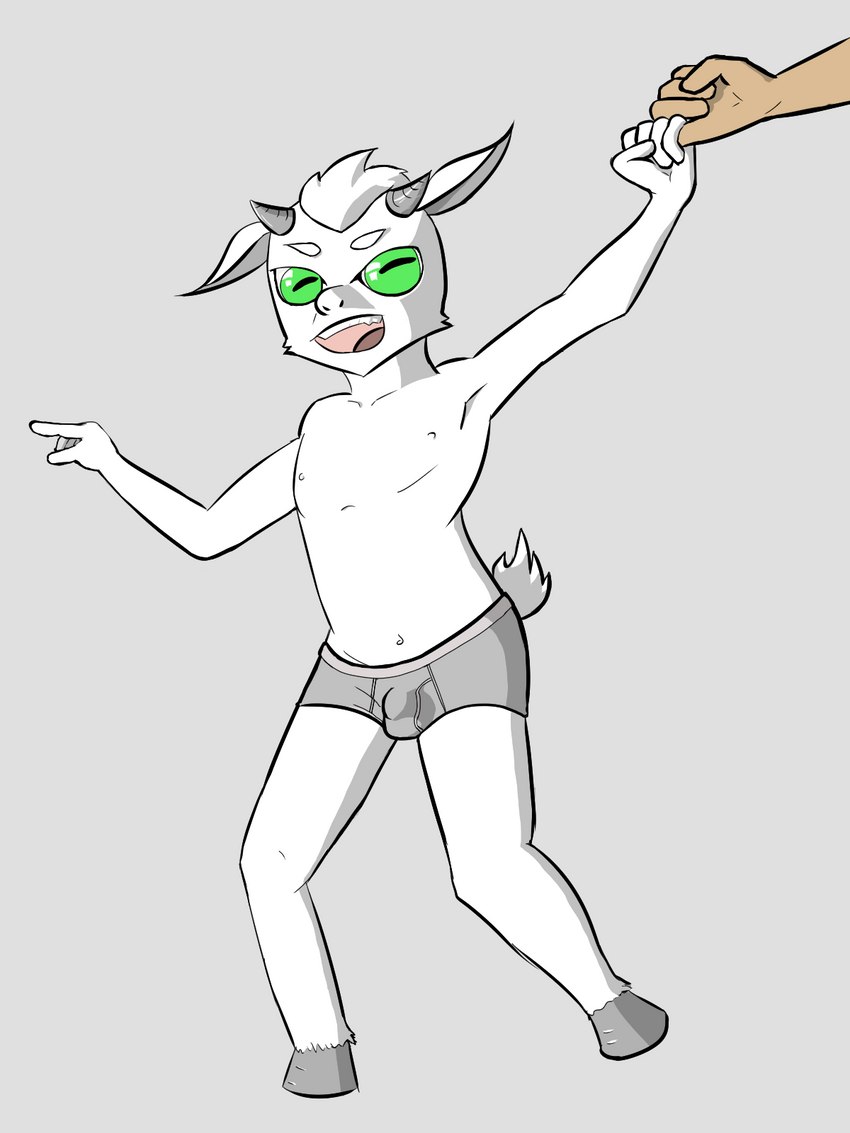 anthro belly briefs bulge clothed clothing fur grey_background hooves horizontal_pupils horn male navel nipples open_mouth pupils shirtless shirtless_male simple_background smile solo topless underwear young young_anthro wintersink bovid caprine goat mammal 3:4 hi_res