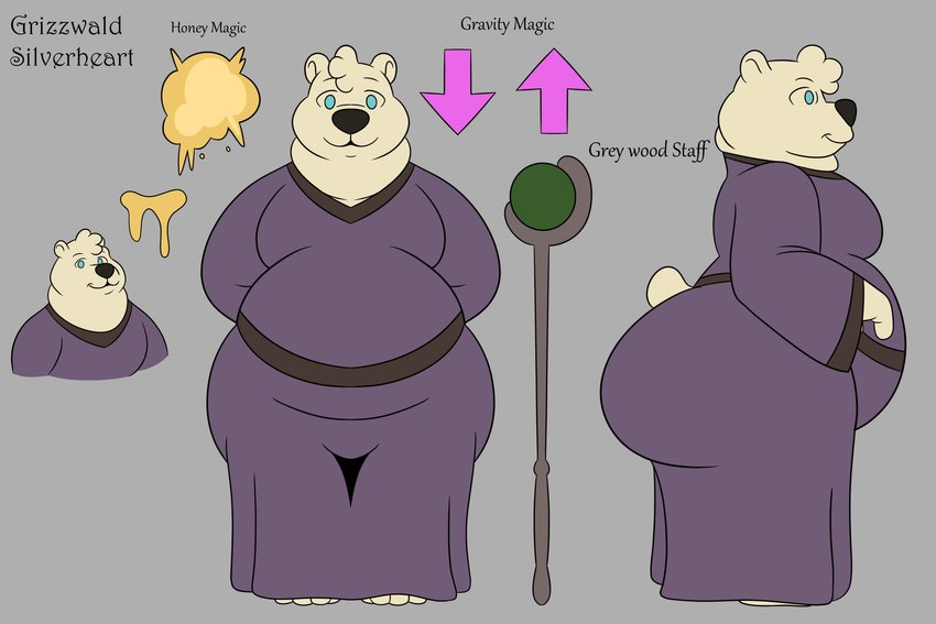 anthro arrow_sign big_butt black_nose blonde_hair blue_eyes butt clothing food front_view fur hair happy honey_(food) huge_butt magic_user male moobs multicolored_clothing multicolored_robe obese obese_anthro obese_male overweight overweight_anthro overweight_male purple_clothing purple_robe robe short_tail side_view smile solo staff tail text thick_thighs two_tone_clothing two_tone_robe yellow_body yellow_ears yellow_fur yellow_tail colossalstars grizzwald_silverheart_(colossalstars) bear mammal polar_bear ursine 2024 3:2 digital_media_(artwork) english_text hi_res model_sheet