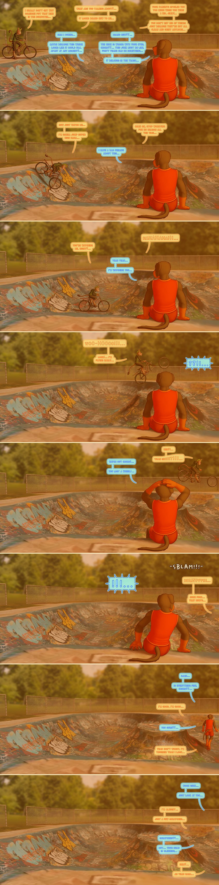 3d_background anthro bicycle bottomwear clothing color_coded color_coded_speech_bubble color_coded_text dialogue duo furgonomic_bottomwear furgonomics hoodie hooves male male/male outside profanity punk_hair skate_park speech_bubble tail topwear vehicle chokodonkey conditional_dnp choko_(chokodonkey) jimmy_(chokodonkey) asinus canid canine canis domestic_dog donkey equid equine mammal mastiff molosser rottweiler absurd_res comic hi_res long_image tall_image