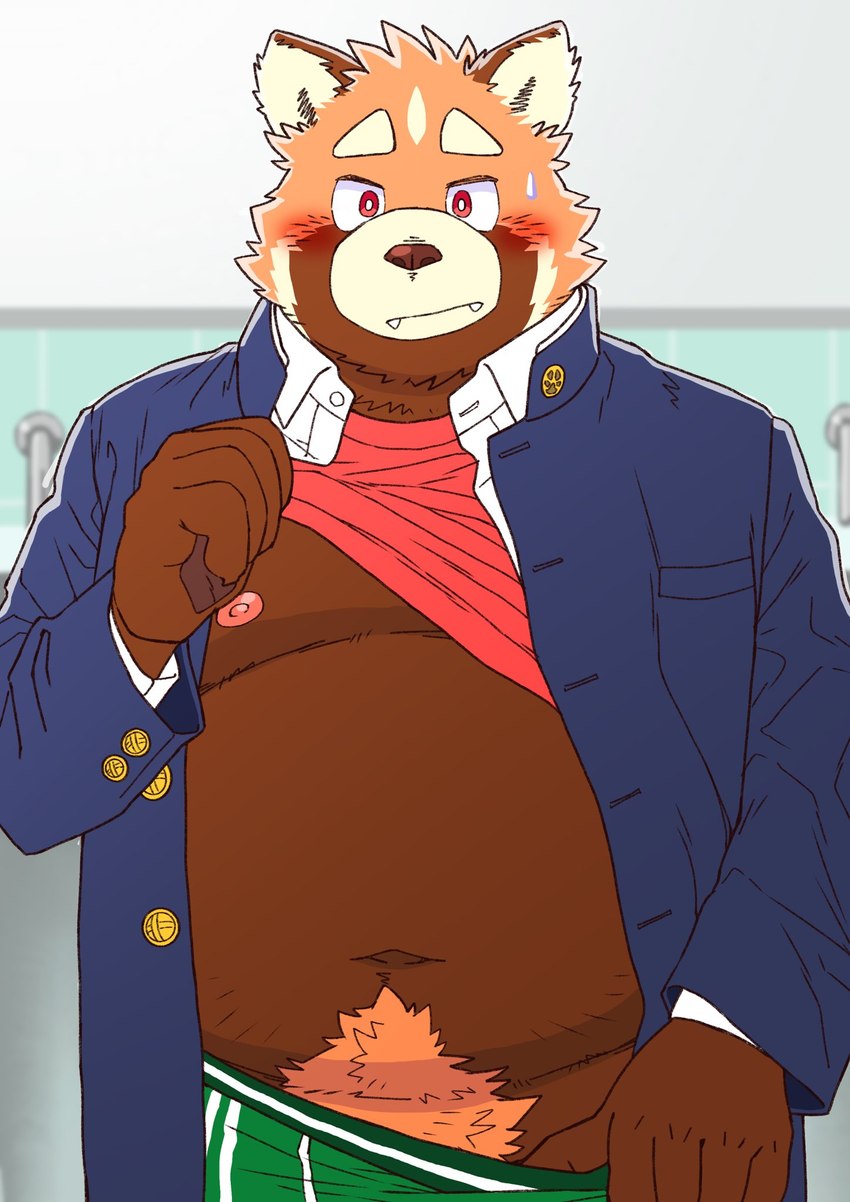 anthro belly blush brown_body clothed clothing clothing_lift cute_fangs fangs humanoid_hands kemono male moobs navel nipples orange_body overweight overweight_male shirt shirt_lift solo teeth topwear underwear ryuta-h ailurid mammal red_panda 2023 hi_res