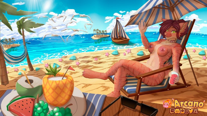 5_fingers anthro beach beach_chair beverage biped boat body_hair breasts casual_nudity chair chest_fur chest_hair chest_tuft claws coconut coconut_drink container cup day detailed_background digitigrade drinking_glass drupe_(fruit) eyewear feet female fingers fluffy fluffy_ears fluffy_hair fluffy_neck_fur fluffy_tail food fruit fur furniture glass glass_container glass_cup grape green_eyes hair hammock holding_object island looking_at_viewer melon multicolored_body multicolored_fur nipples nude nude_anthro nude_beach nude_female nudist outside palm_tree pink_body pink_fur pink_hair pink_nose plant plate sand sea seaside sitting sky smile solo sun sunglasses tail tail_tuft teeth text three-quarter_view toes tree tropical tuft umbrella vehicle water watercraft watermelon watermelon_slice arcanelynx karma_(wired1493) ambient_bird felid feline lynx mammal 16:9 digital_drawing_(artwork) digital_media_(artwork) english_text shaded soft_shading wallpaper widescreen