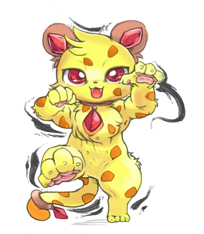 4_fingers 4_toes collar feet feral fingers fur gem jewelry male markings nude open_mouth pawpads red_eyes simple_background solo spots spotted_body spotted_fur toes white_background yellow_body yellow_fur nosen jewelpet sanrio sega sega_fave jasper_(jewelpet) cheetah felid feline mammal hi_res