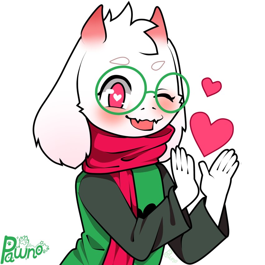 anthro blush clothing eyewear fur glasses green_eyewear green_glasses hands_out happy heart_eyes heart_symbol horn long_ears looking_at_viewer male one_eye_closed open_mouth open_smile pink_scarf robe scarf simple_background smile solo white_body white_fur wink pawnoart deltarune undertale_(series) ralsei bovid caprine goat mammal 1:1 absurd_res hi_res