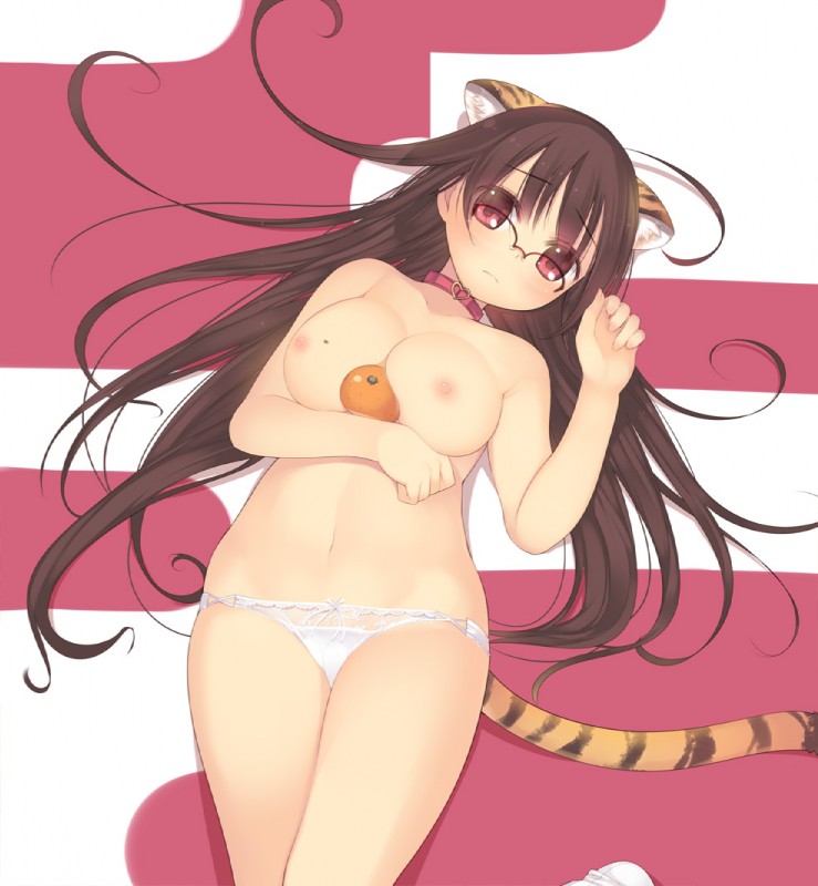 alternate_species breasts brown_hair clothed clothing collar eyewear female food footwear fruit glasses hair humanoidized legwear long_hair lying markings mole_(marking) nipples on_back orange_(fruit) panties pink_eyes plant socks solo striped_markings striped_tail stripes tail tail_markings tiger_tail topless underwear underwear_only kashiwamochi_yomogi arima_senne animal_humanoid felid felid_humanoid humanoid mammal mammal_humanoid pantherine pantherine_humanoid tiger tiger_humanoid digital_media_(artwork)