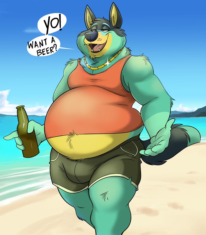 alcohol anthro beach beer beer_bottle belly beverage big_belly big_bulge bottle bottomwear bulge clothed clothing cloud container day dialogue eyebrows fur gold_(metal) holding_beverage holding_bottle holding_container holding_object jewelry male moobs narrowed_eyes necklace open_mouth open_smile outside overweight overweight_anthro overweight_male sand seaside shirt shorts sky smile solo talking_to_viewer tank_top teeth text tongue topwear tuft walking water remmyfox bluey_(series) bandit_heeler australian_cattle_dog canid canine canis cattledog domestic_dog herding_dog mammal pastoral_dog 2023 absurd_res english_text hi_res