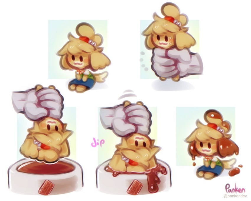 :3 anthro being_held bodily_fluids candy chocolate clothed clothing dessert disembodied_hand duo female food fur hair simple_background sitting sweat sweatdrop vat yellow_body yellow_fur panken animal_crossing nintendo isabelle_(animal_crossing) canid canine canis domestic_dog mammal shih_tzu toy_dog 2019 comic