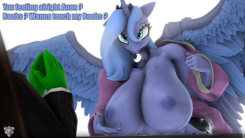 abs anthro anthrofied areola bathrobe big_breasts big_butt blue_areola blue_body blue_eyes blue_nipples breasts butt clothed clothing collar cutie_mark dialogue duo exposed_breasts faceless_character feathered_wings feathers female horn huge_breasts nipples open_clothing open_robe robe smile smirk suit text wings naughty_cube boobs?_wanna_touch_boobs? friendship_is_magic hasbro my_little_pony mythology anon princess_luna_(mlp) equid equine horse human mammal mythological_creature mythological_equine pony winged_unicorn 3d_(artwork) absurd_res digital_media_(artwork) english_text hi_res meme