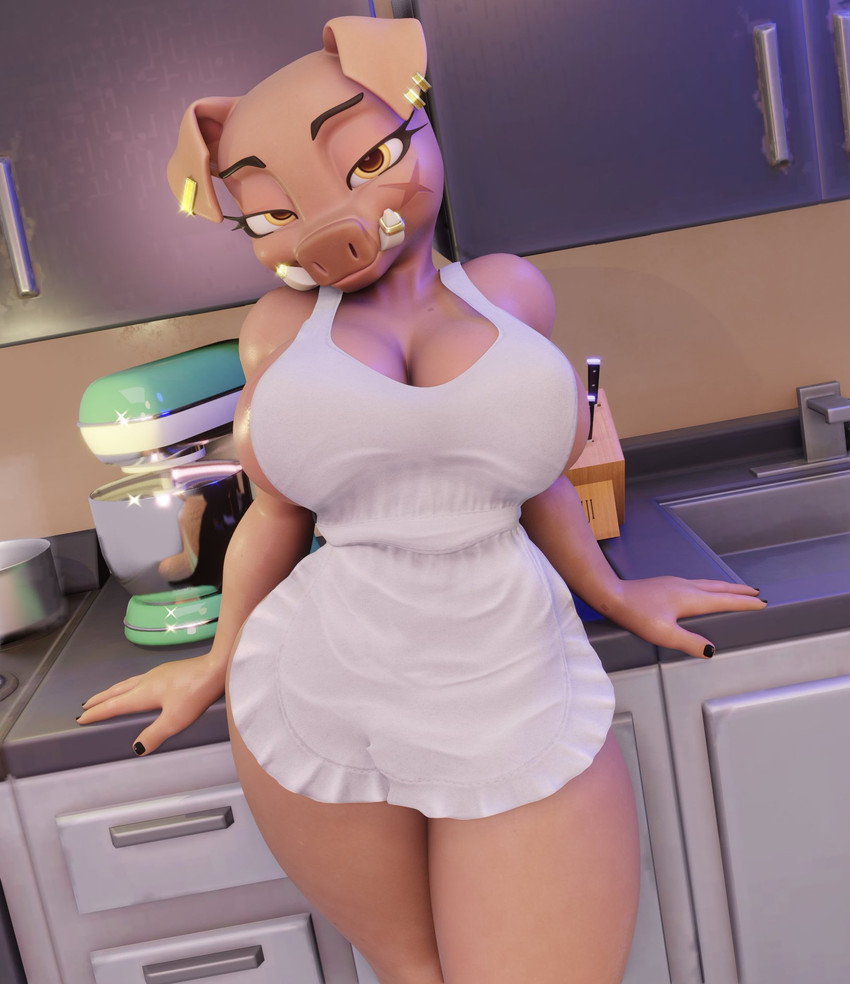 anthro appliance apron apron_only big_breasts breasts cabinet clothed clothing female fur kitchen kitchen_appliance looking_at_viewer piercing sink solo tusks manwiththemole flapcats_(modeler) mayosplash_(modeler) microsoft minecraft mojang xbox_game_studios domestic_pig mammal piglin suid suine sus_(pig) 3d_(artwork) digital_media_(artwork) hi_res