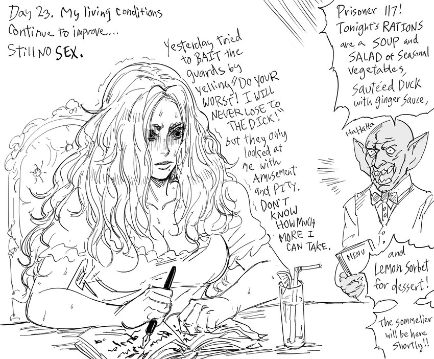 beverage big_breasts blush bodily_fluids book bow_tie breasts cleavage clothed clothing duo female hair holding_object holding_pen holding_writing_utensil humor insane journal long_hair male not_furry pen prisoner sweat text virginity waiter writing_text writing_utensil baalbuddy virginia_kissless goblin human humanoid mammal comic digital_drawing_(artwork) digital_media_(artwork) english_text half-length_portrait hi_res monochrome portrait sketch