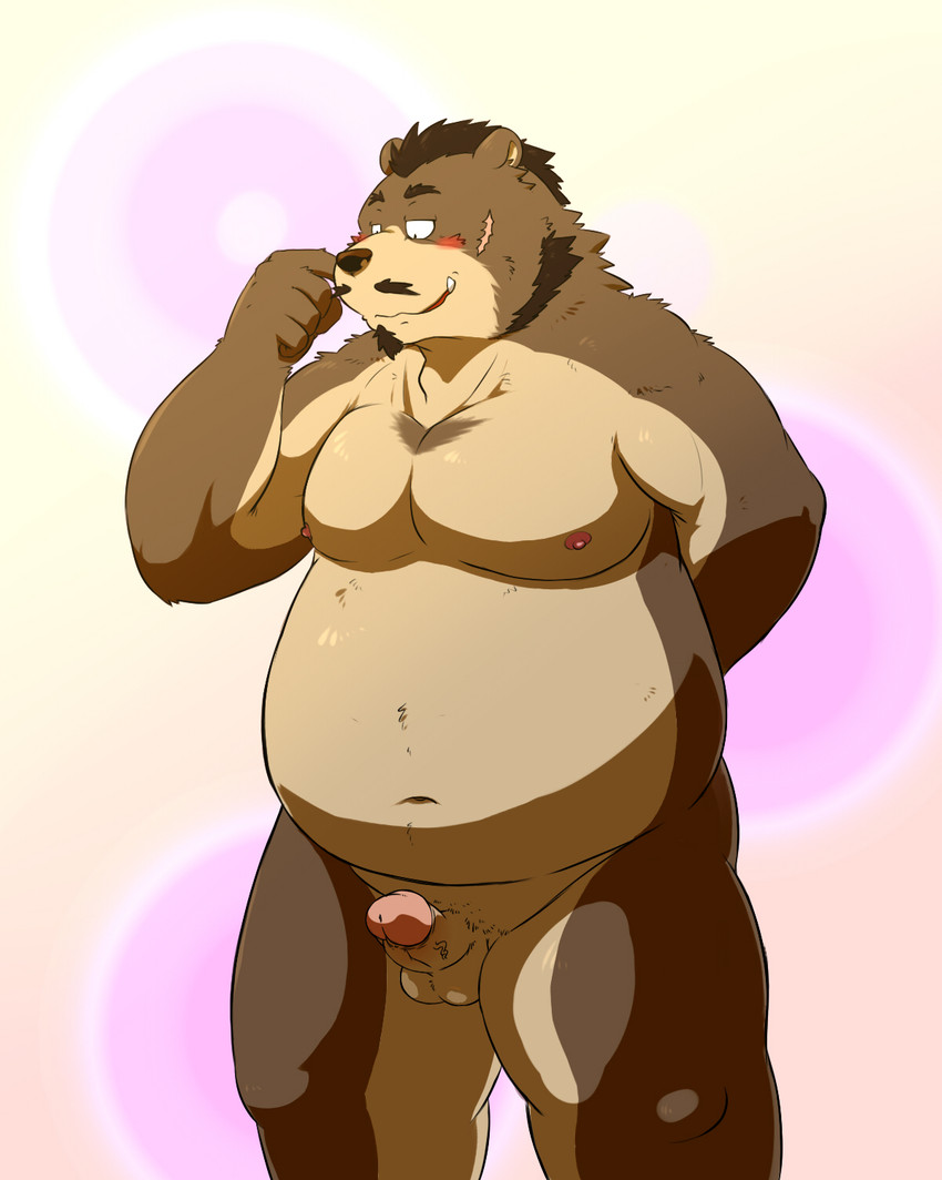 anthro balls beard belly blush erection facial_hair genitals goatee humanoid_genitalia humanoid_hands humanoid_penis kemono male moobs nipples overweight overweight_anthro overweight_male penis scar simple_background solo wdh3905 bear mammal 2014 hi_res