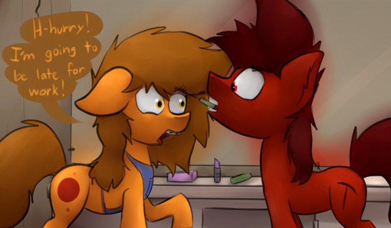 braces cutie_mark duo female feral fur hair hooves inside lipstick makeup male mascara open_mouth red_body red_fur text marsminer hasbro my_little_pony fan_character mars_miner venus_spring earth_pony equid equine horse mammal pony 2015 digital_media_(artwork) english_text hi_res