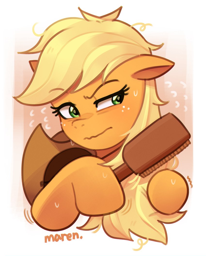 blonde_hair bodily_fluids brush clothing cowboy_hat female feral freckles green_eyes hair hairbrush hat headgear headwear messy_hair orange_body solo sweat sweatdrop marenlicious friendship_is_magic hasbro my_little_pony applejack_(mlp) earth_pony equid equine horse mammal pony absurd_res hi_res portrait