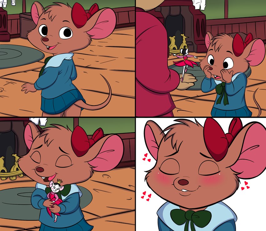 anthro blush bow_(feature) clothed clothing duo female fur happy kissing male male/female surprised_expression tail young jhussethy disney the_great_mouse_detective basil_(disney) olivia_flaversham mammal mouse murid murine rodent absurd_res comic hi_res