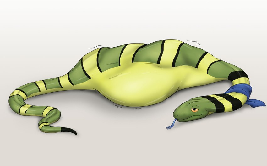 abdominal_bulge blue_tongue feral feral_pred feral_prey fully_inside green_body male orange_eyes scarf simple_background solo_focus stripes tongue unseen_prey vore white_background akaikosh reptile scalie snake 16:10 shaded widescreen