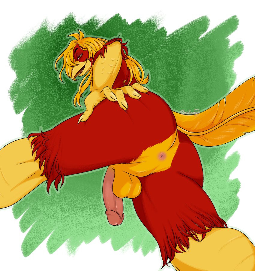 anthro anus backsack balls beak butt feathers genitals hair long_hair long_tail male penis perineum presenting presenting_hindquarters red_body red_feathers tail yellow_beak yellow_body yellow_feathers luvbabiana glori_gamebird avian bird chrysolophus galliform golden_pheasant phasianid hi_res