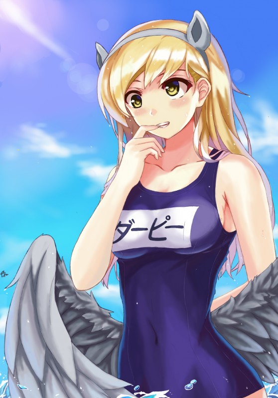 5_fingers alternate_species blonde_hair blush breasts clothed clothing cloud derp_eyes eyebrows eyelashes fake_ears fake_equine_ears feathered_wings feathers female fingers grey_body grey_feathers hair humanoidized light long_hair navel one-piece_swimsuit outside school_swimsuit sky solo standing sunlight swimwear teeth text text_on_clothing text_on_swimwear water wet wings yellow_eyes brave-rz95 friendship_is_magic hasbro my_little_pony derpy_hooves_(mlp) animal_humanoid humanoid winged_humanoid 2018 hi_res japanese_text portrait three-quarter_portrait