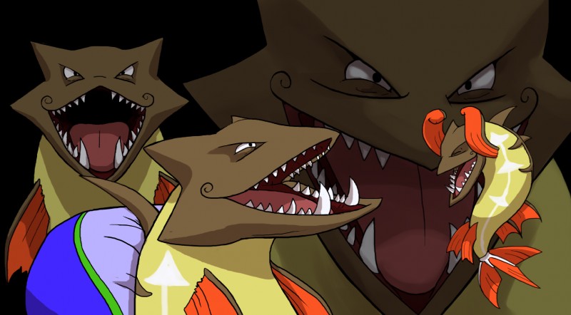 black_background brown_body brown_scales chair eyes_closed fin furniture laugh open_mouth scales simple_background sitting tail tail_fin tongue yellow_body yellow_scales anonymous_artist nintendo pokemon barraskewda fish generation_8_pokemon marine pokemon_(species) scombriform 2019 hi_res reaction_image