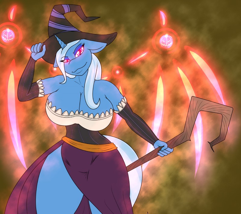 anthro anthrofied big_breasts blue_body blue_skin breasts cleavage clothed clothing female glowing glowing_eyes hair hat headgear headwear holding_object horn huge_breasts long_hair looking_at_viewer solo staff witch_hat b00mt00b friendship_is_magic hasbro my_little_pony mythology trixie_(mlp) equid equine mammal mythological_creature mythological_equine unicorn 2015 absurd_res hi_res