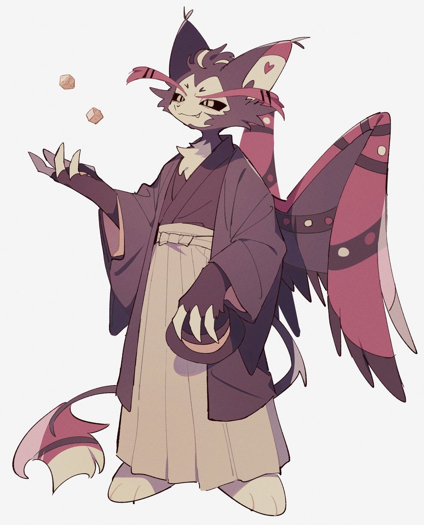 anthro asian_clothing clothed clothing d6 dice east_asian_clothing hat headgear headwear japanese_clothing kimono male solo tail wings omumorning hazbin_hotel husk_(hazbin_hotel) demon domestic_cat felid feline felis mammal absurd_res hi_res