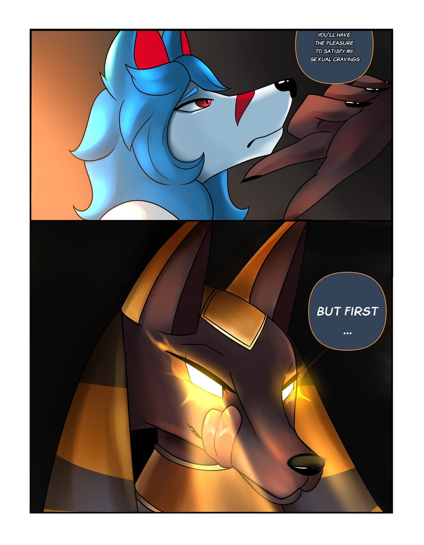 anthro border dialogue duo egyptian female hair text white_border cinicalvoice egyptian_mythology middle_eastern_mythology mythology anubis berry_(itsyaboifury) anubian_jackal canid canine canis deity jackal mammal wolf 2023 absurd_res colored comic digital_drawing_(artwork) digital_media_(artwork) english_text hi_res shaded