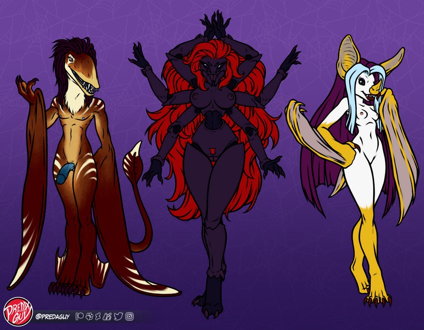 anthro breasts claws fangs female fur genitals hair looking_at_viewer male membrane_(anatomy) multi_arm multi_eye multi_limb nipples non-mammal_breasts non-mammal_nipples penis pussy retractable_penis simple_background tail teeth wings predaguy anthrosaurs arachnid araneomorph arthropod bat black_widow_spider dimorphodon honduran_white_bat leaf-nosed_bat mammal microbat prehistoric_species pterosaur reptile scalie spider theridiid widow_spider yangochiropteran clip_studio_paint_(artwork) digital_media_(artwork) hi_res