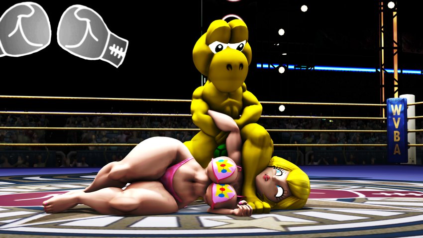 abs anthro big_breasts bikini breasts bulge clothing duo female male muscular muscular_male partial_censor submission_hold swimwear thong two-piece_swimsuit underwear wide_hips wrestling clintr007 mario_bros nintendo punch-out!! princess_peach human koopa koopa_troopa mammal scalie 16:9 3d_(artwork) absurd_res digital_media_(artwork) hi_res signature source_filmmaker_(artwork) widescreen