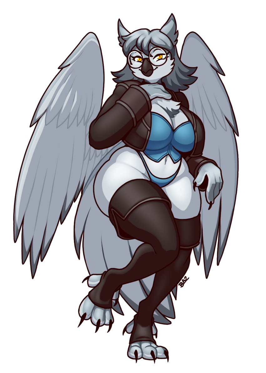 anthro beak big_breasts blue_clothing blue_thong blue_underwear breasts chest_tuft clothing eyebrows eyelashes eyewear feathered_wings feathers feet female glasses grey_body grey_hair hair hand_on_chest looking_at_viewer navel round_glasses smile solo thick_thighs thong toeless_legwear tuft underwear wide_hips wings yellow_eyes blazbaros avian bird owl 2024 hi_res