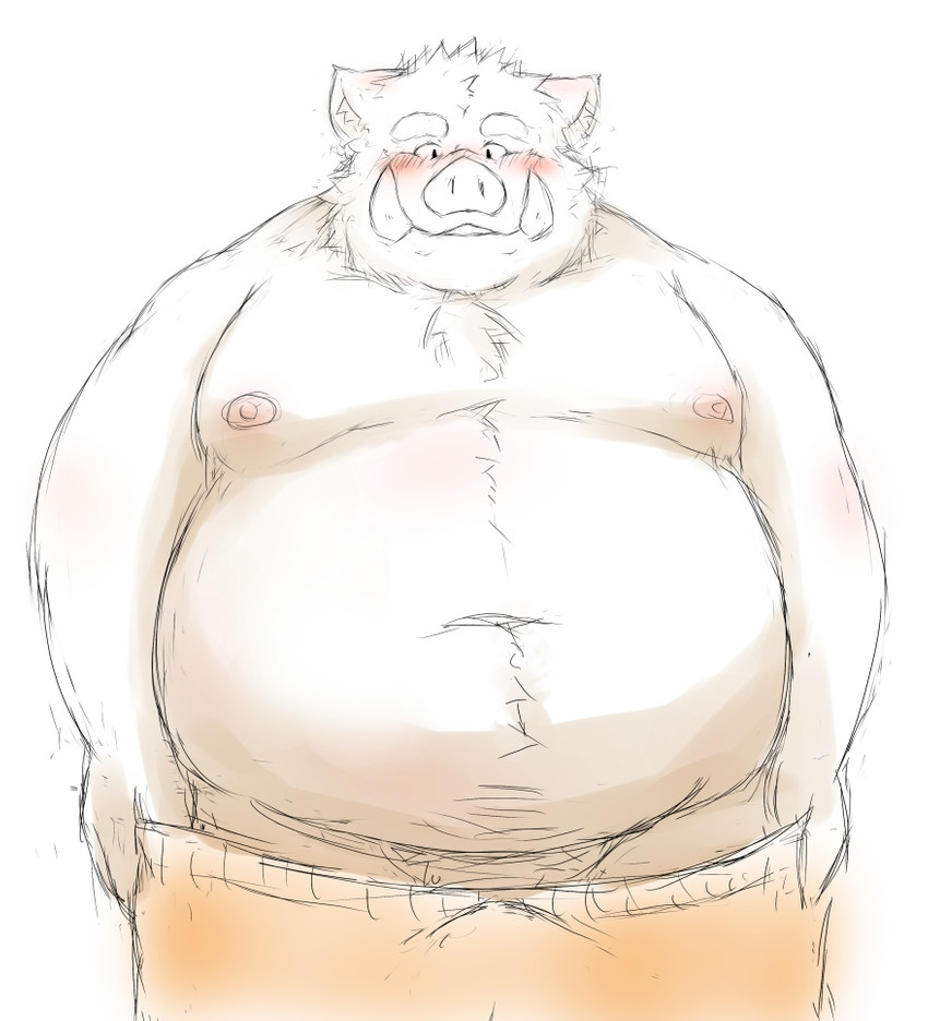 anthro barely_visible_genitalia barely_visible_penis belly blush clothing genitals kemono male moobs nipples overweight overweight_anthro overweight_male penis simple_background solo underwear undressing white_background ibuki_haruno mammal suid suina sus_(pig) wild_boar 2012