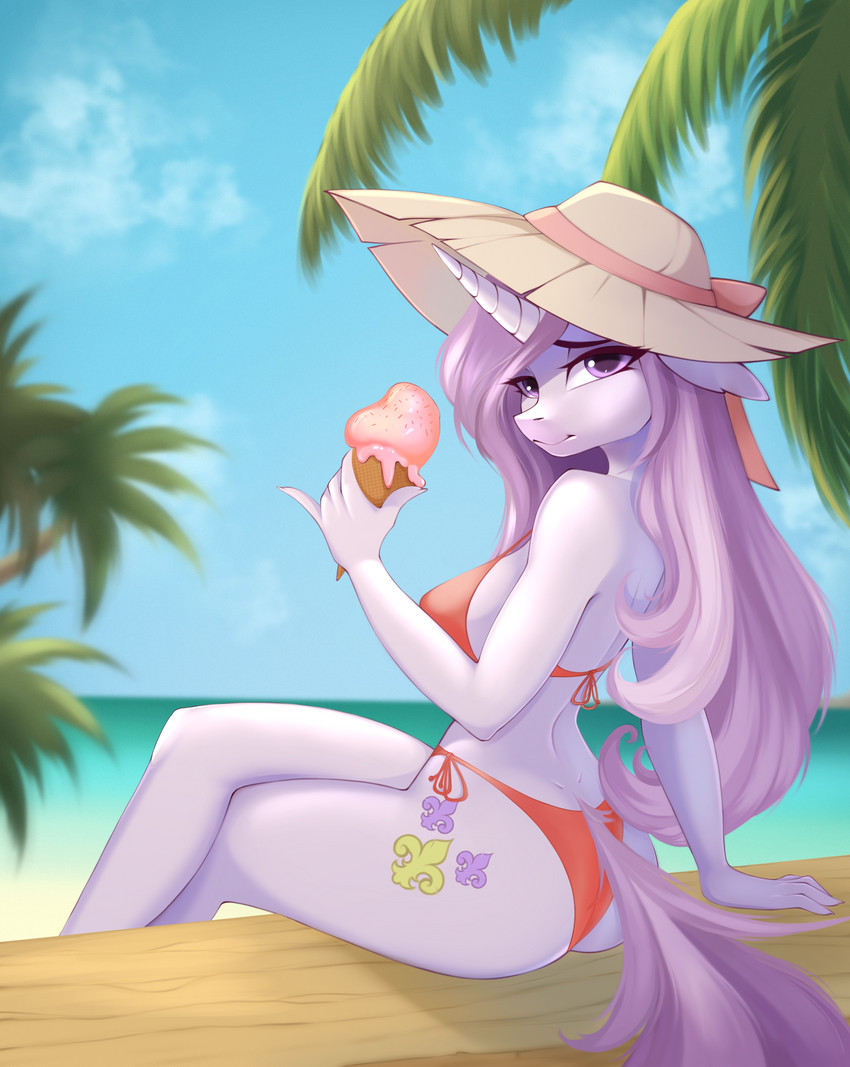 anthro anthrofied beach bikini biped clothing cloud cutie_mark dessert female female_anthro food fur hair hat headgear headwear horn ice_cream ice_cream_cone outside palm_tree pink_hair plant purple_body purple_fur sea seaside sky solo sun_hat sunny swimwear tree two-piece_swimsuit water u_lu_lu friendship_is_magic hasbro my_little_pony mythology fleur_de_lis_(mlp) equid equine horse mammal mythological_creature mythological_equine pony unicorn absurd_res hi_res