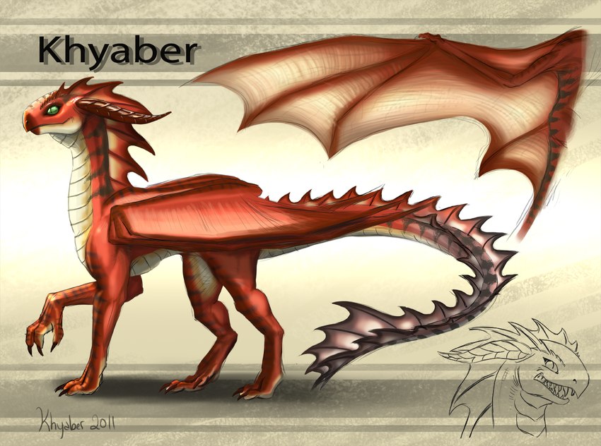 ambiguous_gender digitigrade feral frill_(anatomy) green_eyes membrane_(anatomy) membranous_wings mouth_closed neck_frill pupils quadruped red_body red_wings scales side_view slit_pupils solo striped_neck tail tan_body tan_scales tan_wings wings khyaber mythology khyaber_(character) dragon mythological_creature mythological_scalie scalie 2011 signature