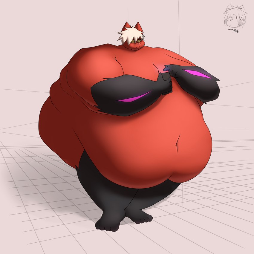 anthro belly big_belly big_butt black_body black_fur butt electronics fur hair huge_belly huge_butt hyper hyper_belly male moobs morbidly_obese obese overweight overweight_male phone red_body red_fur simple_background solo thick_arms white_hair garowo pyrocynical canid canine fox humanoid mammal 1:1 absurd_res hi_res