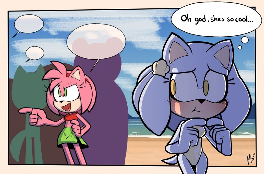 anthro beach blue_eyes blush clothing crowd dialogue empty_speech_bubble female fur green_eyes group one-piece_swimsuit pink_body pink_fur seaside speech_bubble swimwear text thigh_gap thin_calves thin_legs thin_thighs thought_bubble wide_hips lettuce_(artist) sega sonic_the_hedgehog_(series) amy_rose fan_character honeydew_(lettuce) eulipotyphlan hedgehog mammal 2021 english_text hi_res