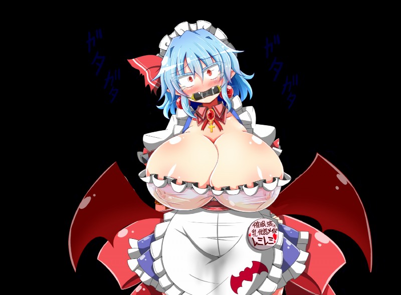 big_breasts bit_gag blue_hair bodily_fluids breasts cleavage clothed clothing crucifix ear_piercing female gag hair huge_breasts maid_headdress maid_uniform membrane_(anatomy) membranous_wings nipples not_furry piercing pupils red_eyes ribbons scared short_hair slit_pupils solo sweat sweatdrop tears text uniform wet wet_clothing white_body white_skin wings rindou_(p41neko) touhou remilia_scarlet humanoid vampire alpha_channel japanese_text translation_request