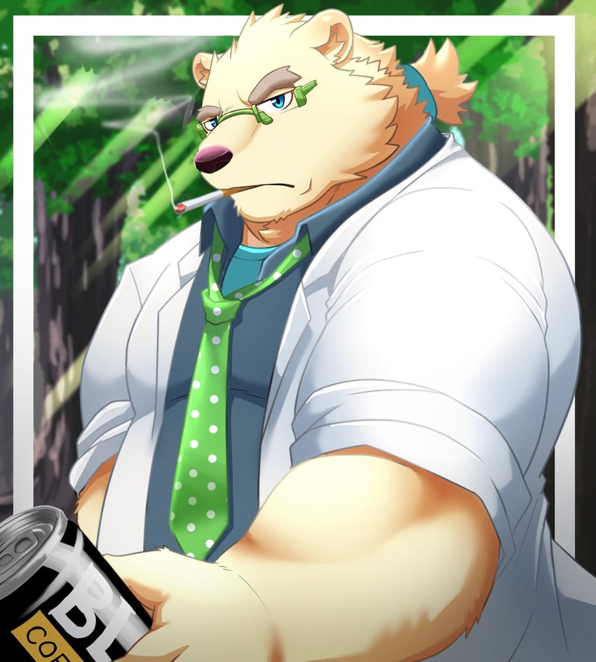 anthro blue_eyes can cigarette clothing container detailed_background humanoid_hands kemono male necktie outside overweight overweight_male plant shirt smoking solo topwear tree shillon0610 lifewonders tokyo_afterschool_summoners leib_(tas) bear mammal polar_bear ursine 2022 hi_res