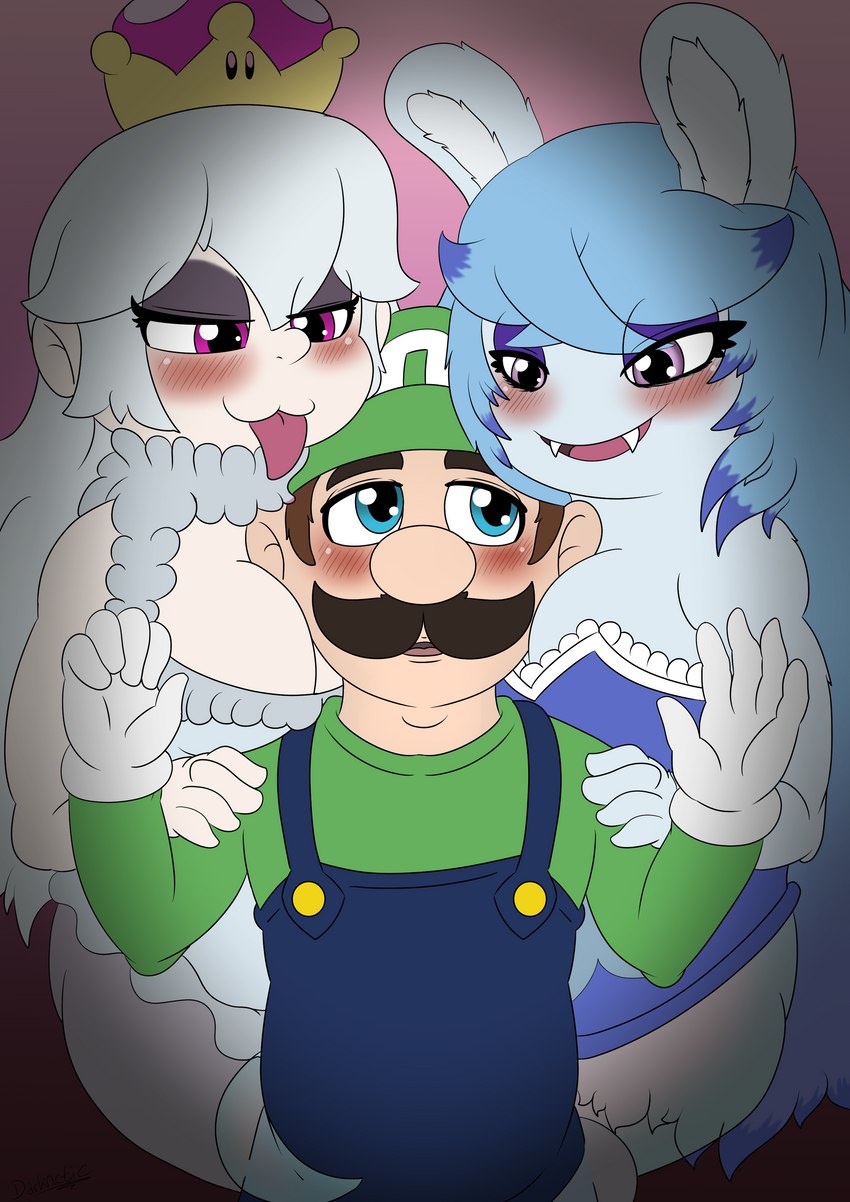 anthro big_nose blue_eyes blush breasts brown_hair clothed clothing crown cuddling eyeshadow facial_hair female gloves grey_hair group hair handwear hat headgear headwear makeup male male/female mustache open_mouth overalls pink_eyes purple_eyes simple_background tan_body tan_skin tongue tongue_out translucent trio darknetic mario_bros mario_plus_rabbids_sparks_of_hope nintendo raving_rabbids rayman_(series) ubisoft boosette luigi midnite_(mario_plus_rabbids) ghost human lagomorph mammal rabbid spirit absurd_res digital_media_(artwork) hi_res